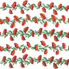 Summer seamless pattern with bright red poppy flowers and poppy pods. Field, meadow of poppies