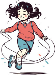 Girl with skipping rope. Vector illustration of a girl jumping on a rope.