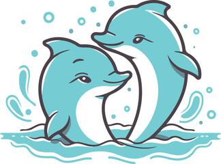 Dolphins in water. Vector illustration of two dolphins swimming in water.