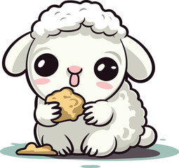 Cute white sheep eating bread isolated on white background. Vector illustration.