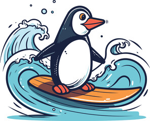Obraz premium Penguin surfing on the wave. Hand drawn vector illustration.