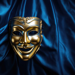 Golden smiling Venetian mask straight view for masquerade disguise party or carnival,  copy space on dark blue theater curtain cloth - obrazy, fototapety, plakaty