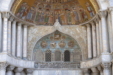 St Mark's Basilica (Basilica di San Marco), ornamental facade, Venice, Italy.