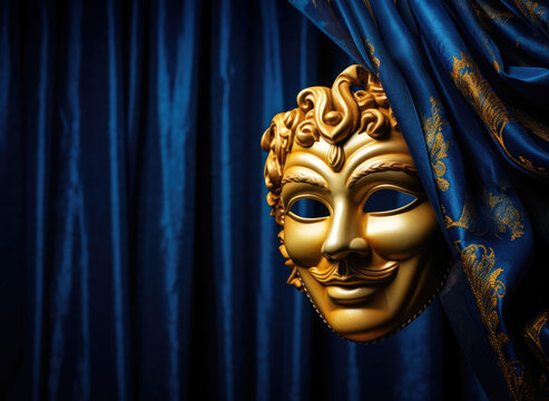 Golden smiling Venetian mask for masquerade disguise party or carnival,  copy space on dark blue theater curtain cloth