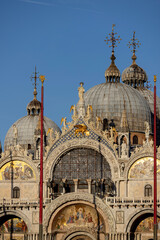 St Mark's Basilica (Basilica di San Marco), ornamental facade, Venice, Italy.