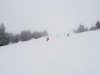 Lots of skiers going down the slope.