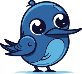 Cute cartoon blue bird isolated on white background. Vector illustration.