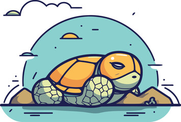 Turtle on the seashore. Vector illustration in cartoon style.