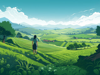 Proverb you reap what you sow. . Illustration of a woman overlooking a lush green farm land. Business concept for success.