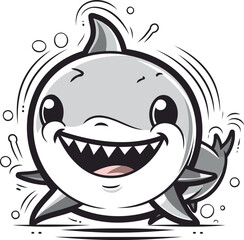 Vector illustration of cartoon shark with happy expression. Isolated on white background.