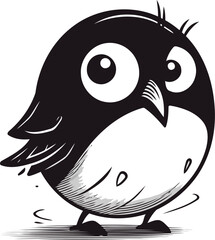 Cute cartoon black bird with big eyes on white background. vector illustration