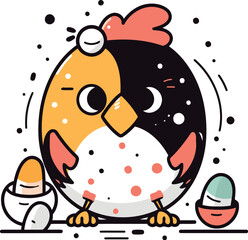 Cute chicken with eggs. Vector illustration in line art style.