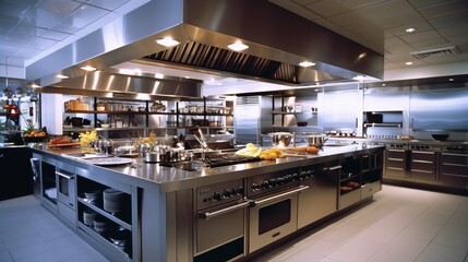 Design of a professional kitchen for a restaurant or cafe. Metal table. Kitchen equipment for...