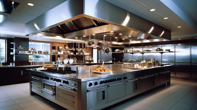 Design of a professional kitchen for a restaurant or cafe. Metal table. Kitchen equipment for catering. Cooking space.