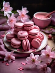 Obraz na płótnie Canvas Valentine's Day dessert idea, delicious pink macarons on a platter, sweet romantic gift