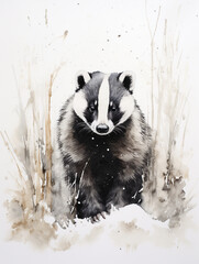 A Minimal Watercolor of a Badger in a Winter Setting
