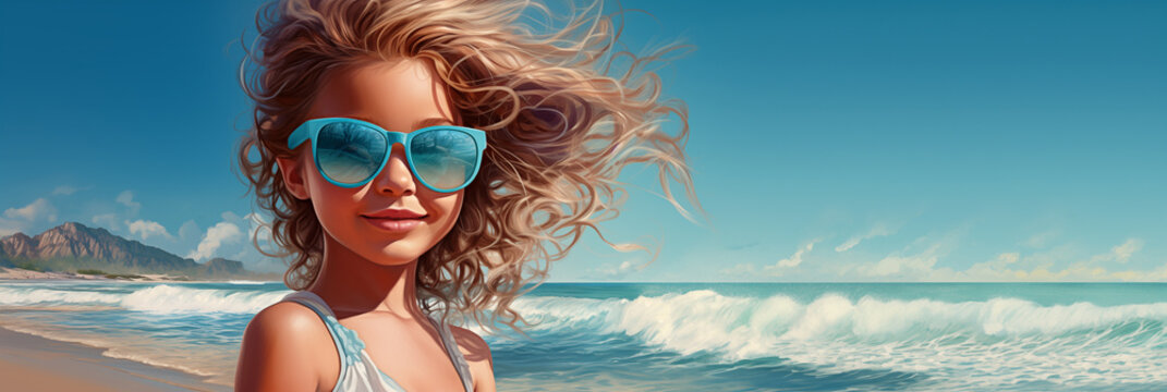 A panoramic image of a girl on a tropical beach with mountains, white sand and the blue sea in the background. The girl wears sunglasses and is smiling happy. Background banner with copy space.