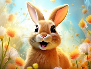 A sweet happy little light brown rabbit, in a field of flowers. - 673498303