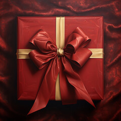 Top View of Red Gift Box with Red and Gold Ribbon on Velvet Background