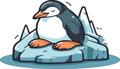 Cartoon penguin sitting on a piece of ice. Vector illustration.