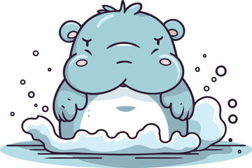 Cute cartoon hippopotamus sitting on ice. Vector illustration.