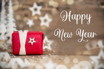 Text Happy New Year, With Christmas Gift, Winter Background