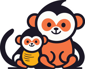 Cute cartoon monkey with baby. Vector illustration in flat style.