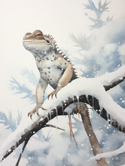 A Minimal Watercolor of a Lizard in a Winter Setting