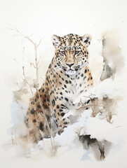 A Minimal Watercolor of a Leopard in a Winter Setting
