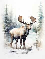 A Minimal Watercolor of a Moose in a Winter Setting