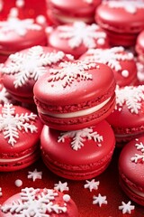 Naklejka premium Christmas dessert idea, delicious red macarons on a platter, sweet xmas celebration gift