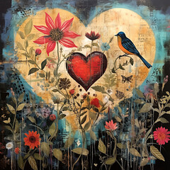 Collage of a garden, a heart on a floral background. Inspired by Mi rowsu (I have a garden in my hart), I have a special place for you in my heart. Would you be my Valentine? - 673498594