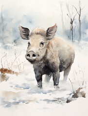 A Minimal Watercolor of a Warthog in a Winter Setting