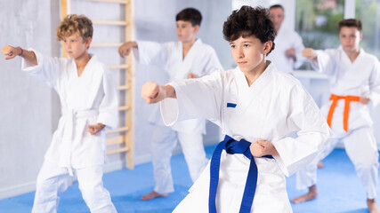 Group of focused teenage boys in kimonos standing in attacking stance, practicing punches or hand striking techniques as part of kata..
