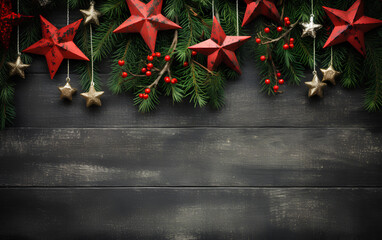Christmas decorations with fir branches and gold and red baubles and stars on a dark background