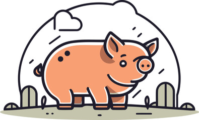 Vector illustration of a cute pig standing in the field. Farm animal.