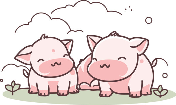 Vector illustration of two cute pigs on the grass. Isolated on white background.