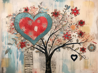 Collage of a tree, a heart on a floral background. Inspired by Mi rowsu (I have a garden in my hart), I have a special place for you in my heart. Would you be my Valentine? - 673498907