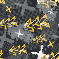 Seamless grunge graffiti pattern with arrows and chequered board background, cross sign, splatter ink. Abstract graffiti background with paint strokes and splashes, art inspired, grungy wallpaper