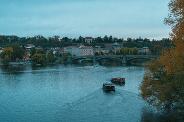 Boats on the Vltava River in Prague, Czechia