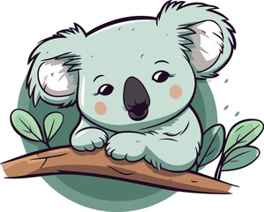 Cute cartoon koala on a tree branch. Vector illustration.