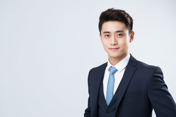 office professional suit， white background, half-length photo, confident smile, Chinese professional man, executive