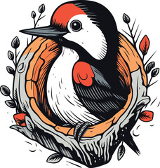 Woodpecker in the nest. Hand drawn sketch vector illustration.