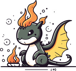 Dragon with fire. Vector illustration. Cute cartoon character for children.