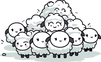 Flock of sheep. Cute cartoon vector illustration isolated on white background.