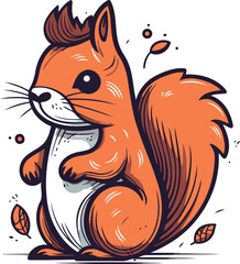 Vector illustration of a squirrel sitting on the ground with autumn leaves.