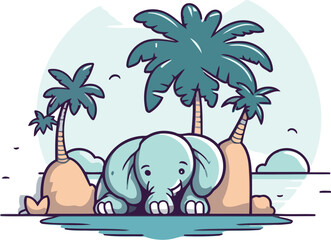 Elephant on the beach with palms. Vector illustration in cartoon style.