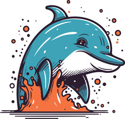 Cute cartoon dolphin jumping out of the water. Vector illustration.