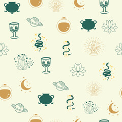 Magic and heaven seamless pattern, with magical elements such as snake, eye. Symbols and elements of the witchcraft theme.