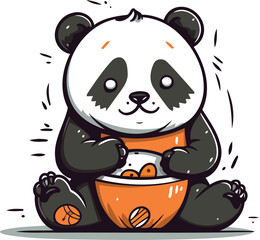 Cute panda bear sitting with a bowl of food. Vector illustration.